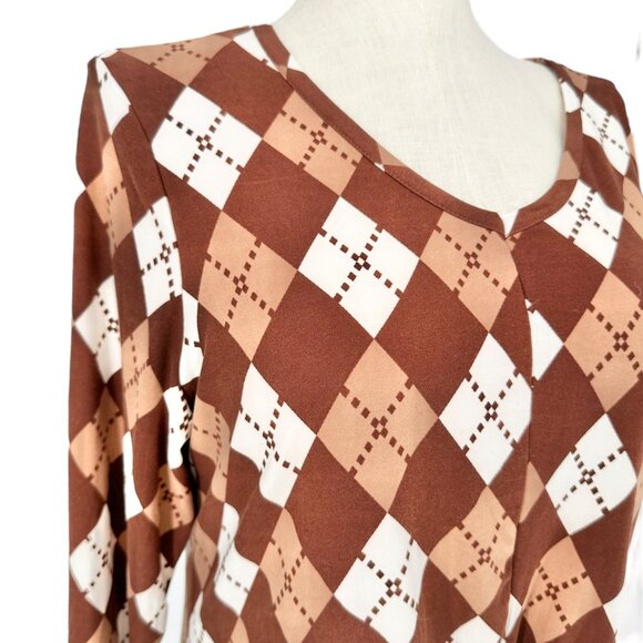 Inner Circle Blouse Womens XL Brown Argyle Print Soft Stretchy Long Sleeves - Picture 2 of 12
